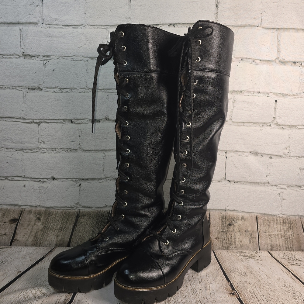 Black Lace-Up Knee-High Boots Soft Fur Lined Biker Goth Chunky Size Euro 38 Us 8 - Picture 2 of 15